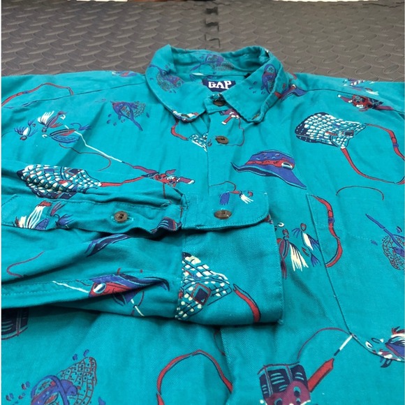 GAP Other - Gap Button Down Shirt‎ Mens XL Teal Vintage Fly Fishing Print Cotton Long Sleeve